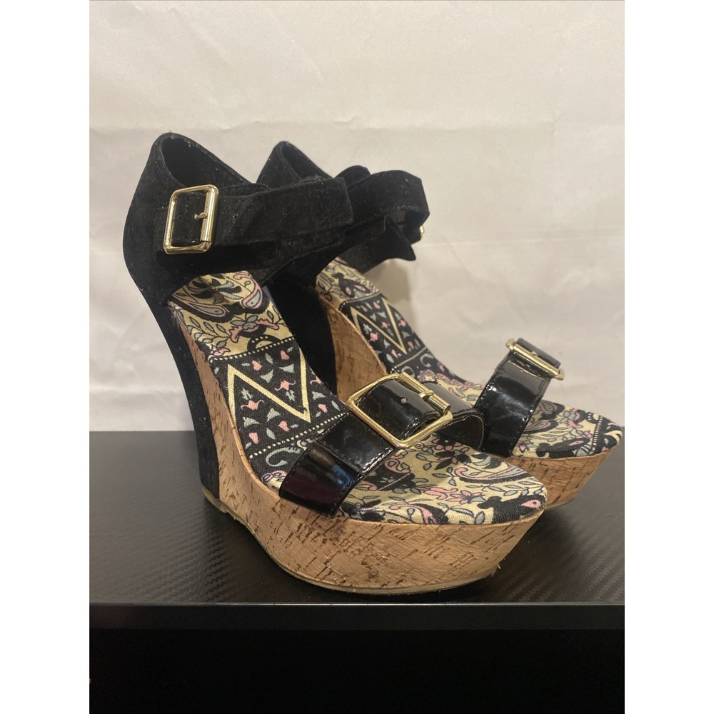 Bamboo Patent Wedge Smooch-14 Cork Sandals‎ - Ankle Strap - Size 7.5